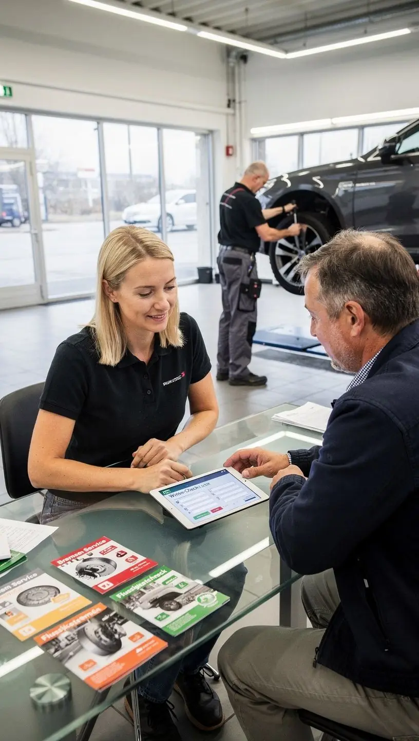 Techniker kontrolliert Flüssigkeitsstände im Motorraum eines Fahrzeugs während einer saisonalen Wartung in einer deutschen Werkstatt.